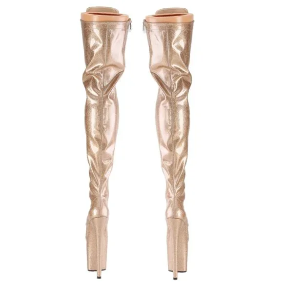 Gold Glitter Patent 3020 Lace Up Thigh High Platform Boots Flamingo 8" Heels - Picture 4 of 10